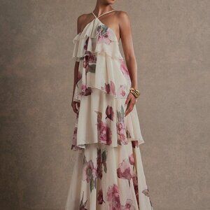 Multicolor Boho Women's  Halter Tiered Chiffon Maxi Dress